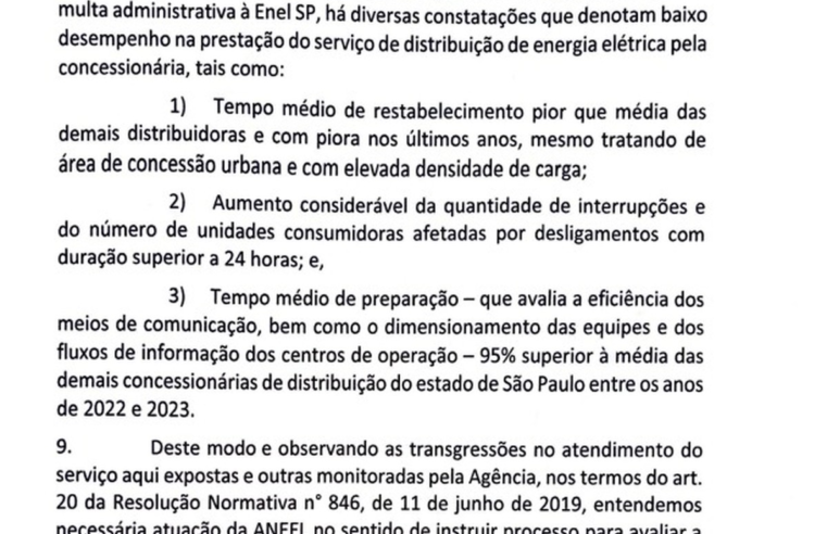 Em carta à Aneel, governo cita possibilidade de cancelar contrato da Enel e pede apuração rigorosa