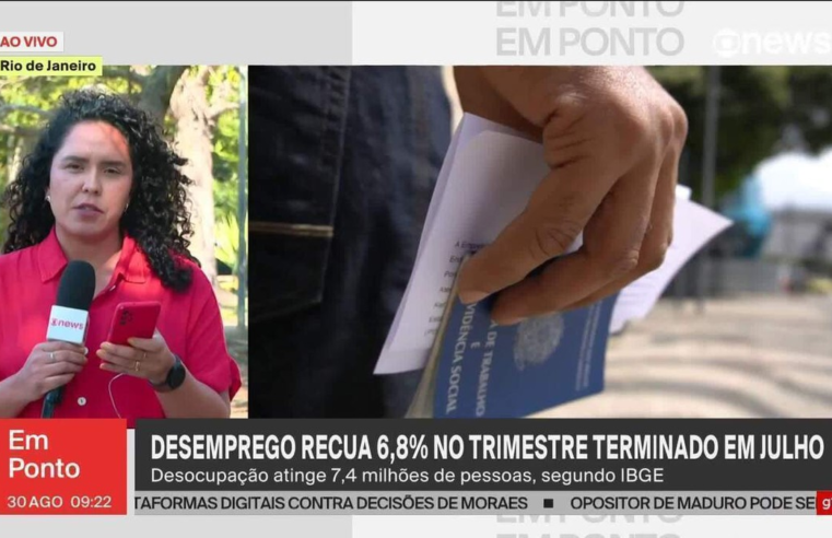 Desemprego cai a 6,8% no trimestre terminado em julho, diz IBGE